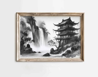 May include: Black and white watercolor print of a Japanese pagoda on a cliffside, with waterfalls cascading down the mountain. The artwork is framed in a light brown wooden frame. The overall theme is nature and architecture.