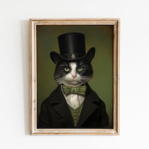 Elegant Adored Tuxedo Cat Portrait Painting, Suit Bowtie and Collar cat wall art canvas print for crazy cat lady and cat lover, cat memorial