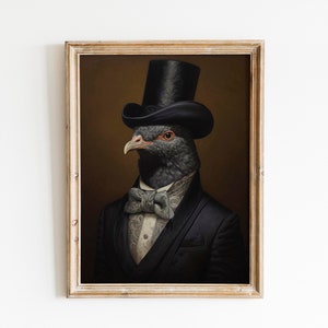 Vintage Pigeon Bird Painting Portrait, Suit Bowtie and Collar wall art canvas print for pigeon bird owner, bird lover and birdy memorial.