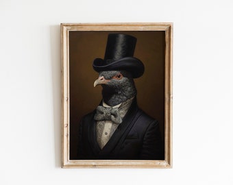 Vintage Pigeon Bird Painting Portrait, Suit Bowtie and Collar wall art canvas print for pigeon bird owner, bird lover and birdy memorial.