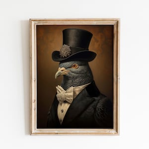Vintage Pigeon Bird Painting Portrait, Suit Bowtie and Collar wall art canvas print for pigeon bird owner, bird lover and birdy memorial.