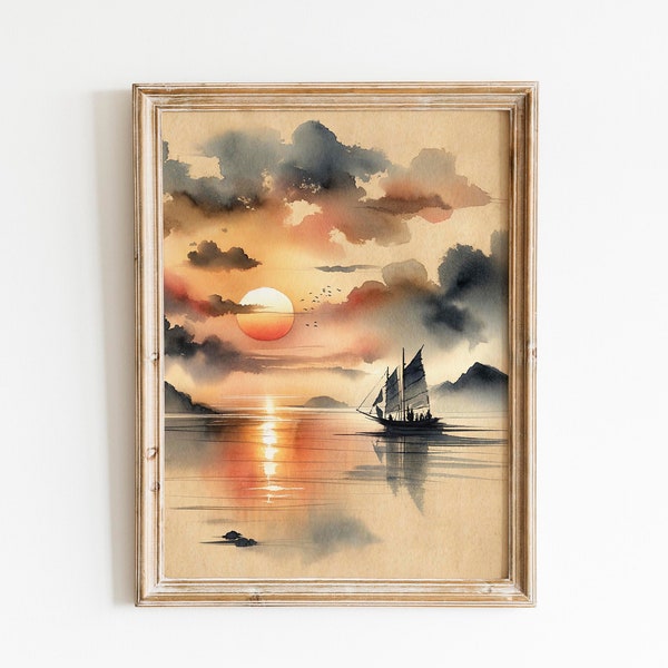 Sailboat Sunset Serenity - Peaceful Calming Watercolor Ocean Water Sunset Canvas Poster Print wall art sailboat owner nautical lover sailing