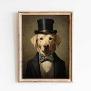 Elegant Adored Yellow Labrador Retriever Dog Portrait Painting, Suit Bowtie and Collar wall art canvas print for yellow lab dog owner lover