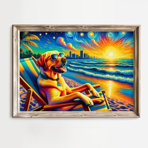 Sternenhimmel & goldene Gezeiten: Goldengelber Labrador Retriever Hund, Sternennacht am Strand, Sonnenuntergang am Meer, Wandkunst, Malerei Leinwand Poster V4