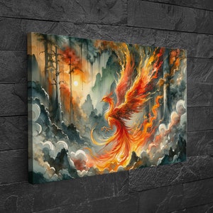 Fiery Phoenix Rising Watercolor Painting - Mythical Bird Magical Fantasy Inspired Canvas Print Wall Art Landscape Home Office Decor Canvas - Slim