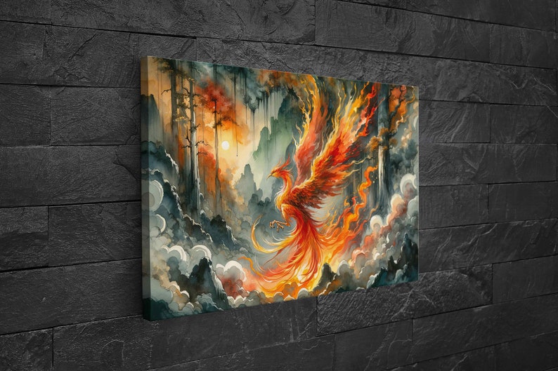 Fiery Phoenix Rising Watercolor Painting - Mythical Bird Magical Fantasy Inspired Canvas Print Wall Art Landscape Home Office Decor Canvas - Slim