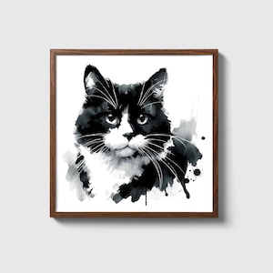 Elegant Black and White Tuxedo Cat - Monochrome Sophisticated Feline Wall Art Canvas Painting Poster Modern Home Decor Illustration Portrait