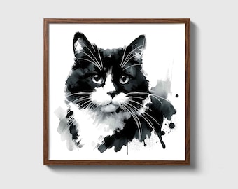Elegant Black and White Tuxedo Cat - Monochrome Sophisticated Feline Wall Art Canvas Painting Poster Modern Home Decor Illustration Portrait