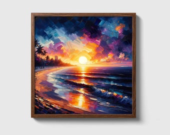Sunset Bliss on Miami Beach - Beautiful Ocean Beach Waves Palm Trees Sunset Seascape Oil Painting Canvas Print Wall Art Landscape