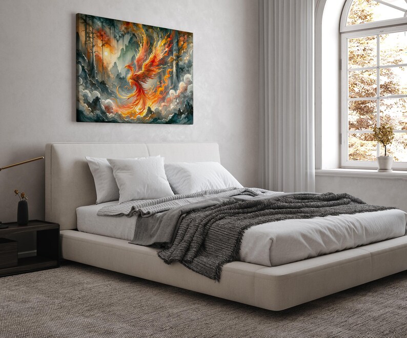 Fiery Phoenix Rising Watercolor Painting - Mythical Bird Magical Fantasy Inspired Canvas Print Wall Art Landscape Home Office Decor image 5