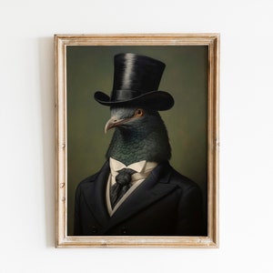 Vintage Pigeon Bird Painting Portrait, Suit Bowtie and Collar wall art canvas print for pigeon bird owner, bird lover and birdy memorial.