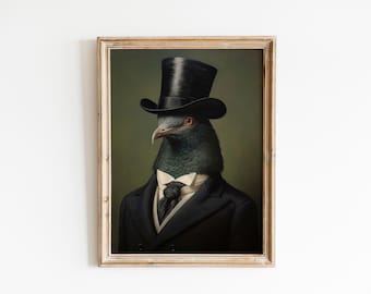Vintage Pigeon Bird Painting Portrait, Suit Bowtie and Collar wall art canvas print for pigeon bird owner, bird lover and birdy memorial.