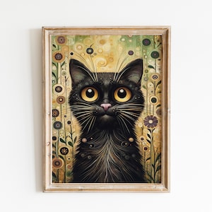 Gleaming Gaze: Black Cat, Iconic Cat Portrait, Gustav Klimt inspired flowers Funny Cat Farmhouse Wall Art Painting Canvas Poster Print v2