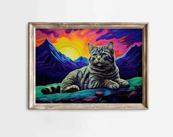 Impresión en lienzo de gato descansando, atardecer en la montaña, regalo para amantes de los gatos