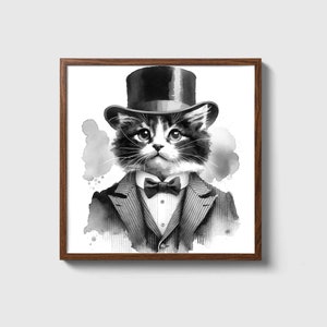 Young Sophisticated Tuxedo Kitten Portrait Watercolor Painting, Suit Bowtie and Collar cat wall art canvas print for cat lover, cat memorial