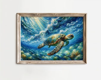 Ocean&#39;s Melody: Sea Turtle Voyage, Van Gogh inspired Starry Night brushstrokes, Underwater Ocean Sea coral Wall Art Painting Canvas Print V2