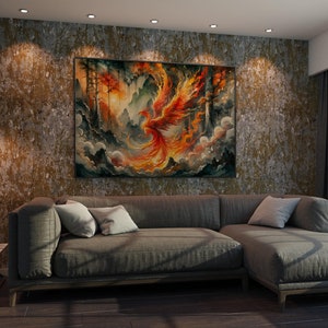 Fiery Phoenix Rising Watercolor Painting - Mythical Bird Magical Fantasy Inspired Canvas Print Wall Art Landscape Home Office Decor image 6