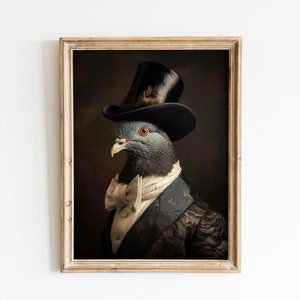 Vintage Pigeon Bird Painting Portrait, Suit Bowtie and Collar wall art canvas print for pigeon bird owner, bird lover and birdy memorial.