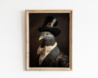 Vintage Pigeon Bird Painting Portrait, Suit Bowtie and Collar wall art canvas print for pigeon bird owner, bird lover and birdy memorial.