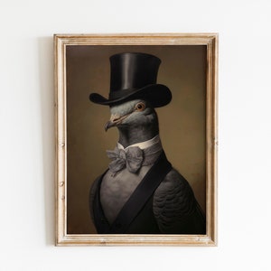 Vintage Pigeon Bird Painting Portrait, Suit Bowtie and Collar wall art canvas print for pigeon bird owner, bird lover and birdy memorial.