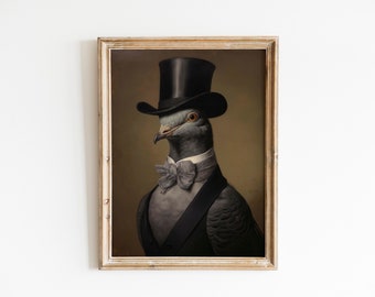 Aristocratic Pigeon Portrait Canvas, Whimsical Bird Art