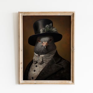Vintage Pigeon Bird Painting Portrait, Suit Bowtie and Collar wall art canvas print for pigeon bird owner, bird lover and birdy memorial.
