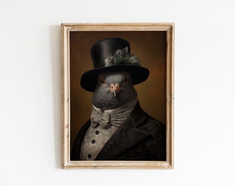 Vintage Pigeon Portrait Canvas, Bird in Suit, Whimsical Wall Art