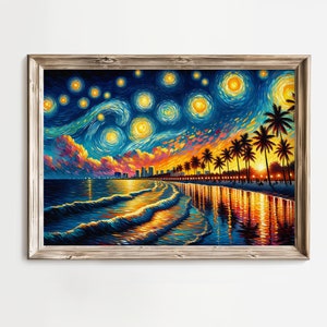 Starry Night Horizon at Dusk Beach, Ocean Evening Sunset La pintura de Van Gogh inspiró el arte de la pared del paisaje marino de la palmera tropical Canvas Poster V2