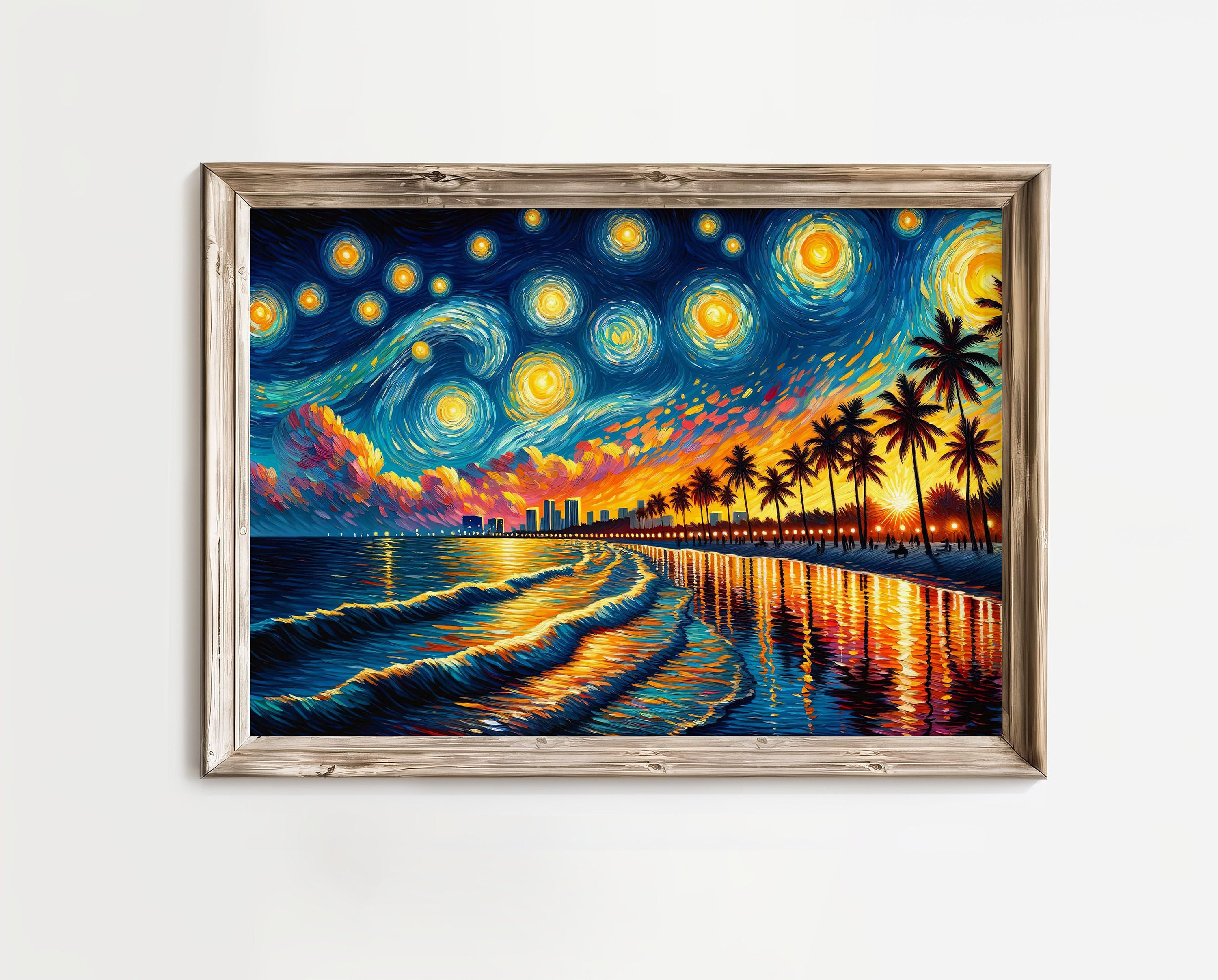 Starry Night Horizon at Dusk Beach, Ocean Evening Sunset Van Gogh's painting inspired Tropical Palm Tree seascape wall art Canvas Poster V2
