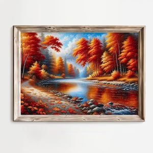 Autumn River Bliss - Tranquil & Peaceful Zen Nature Scene, Red Fall Tree Leaves Painting Canvas Print Wall Art Landscape