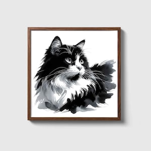 Elegant Black & White Tuxedo Cat - Monochrome Sophisticated Feline Wall Art Canvas Painting Poster Modern Home Decor Illustration Portrait
