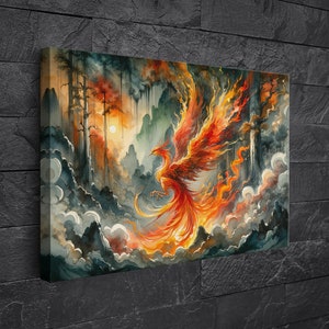 Fiery Phoenix Rising Watercolor Painting - Mythical Bird Magical Fantasy Inspired Canvas Print Wall Art Landscape Home Office Decor Canvas - Thick
