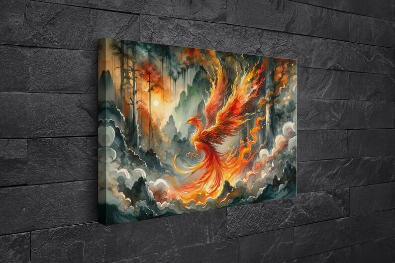 Fiery Phoenix Rising Watercolor Painting - Mythical Bird Magical Fantasy Inspired Canvas Print Wall Art Landscape Home Office Decor Canvas - Thick