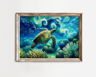Żółw morski na płótnie: Van Gogh Gwiaździsta noc oceaniczna