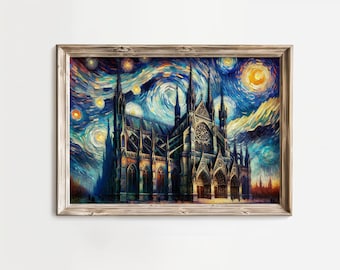 Twilight Enchantment: Sanctuary of Arcane Mysteries, Starry Night Fantasy Wizard School, Gothic Cathedral, temple Wall Art Painting Canvas 4