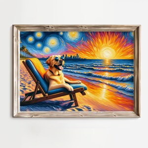 Sternenhimmel & goldene Gezeiten: Goldengelber Labrador Retriever Hund, Sternennacht am Strand, Sonnenuntergang am Meer, Wandkunst, Malerei Leinwand Poster V2