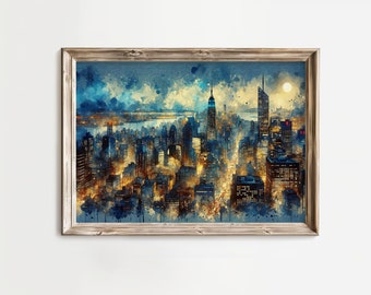 May include: Watercolor painting of a cityscape at night, framed in a light wood. The artwork depicts a vibrant skyline with illuminated buildings in shades of blue, gold, and orange. The Empire State Building is visible. The overall theme is urban art.