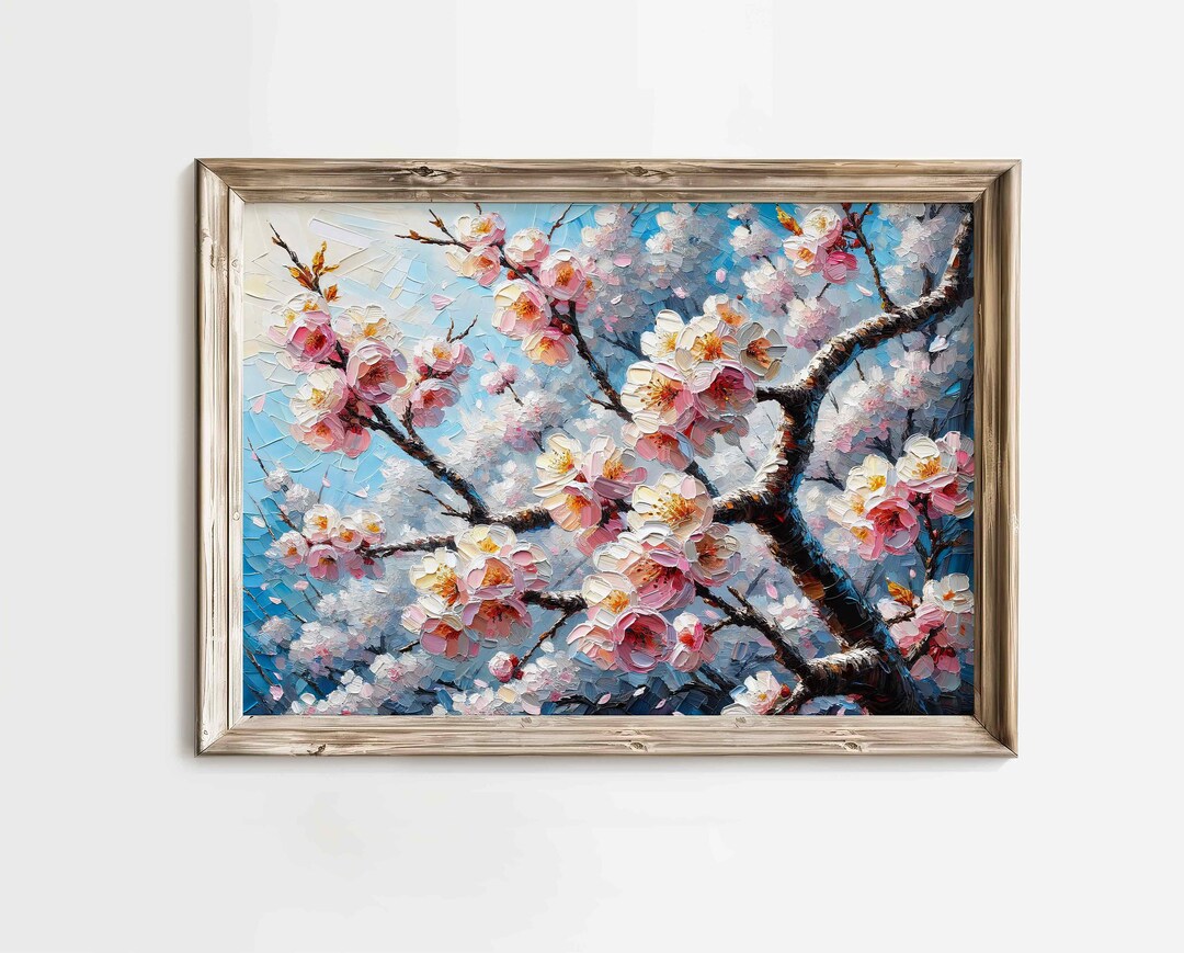 Pink and White Cherry Blossom Tree Bloom Oil Painting Print - Canvas ...