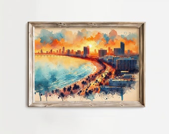 Miami Beach Vibrance - Downtown Coastal City Watercolor Ink Seascape Ocean Sunset Beach Palm Tree Painting Canvas Print Wall Art Decor