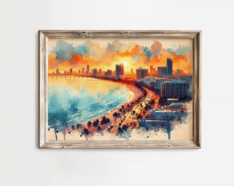 Miami Beach Vibrance - ville côtière du centre-ville aquarelle encre paysage marin océan coucher de soleil plage palmier toile impression murale art déco