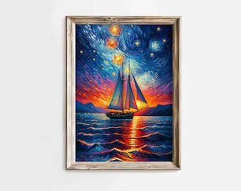 Zeilen in de sterrennacht, zeilboot oceaan avond zonsondergang, Van Gogh's schilderij geïnspireerd zeegezicht muur kunst canvas schilderij poster print V2