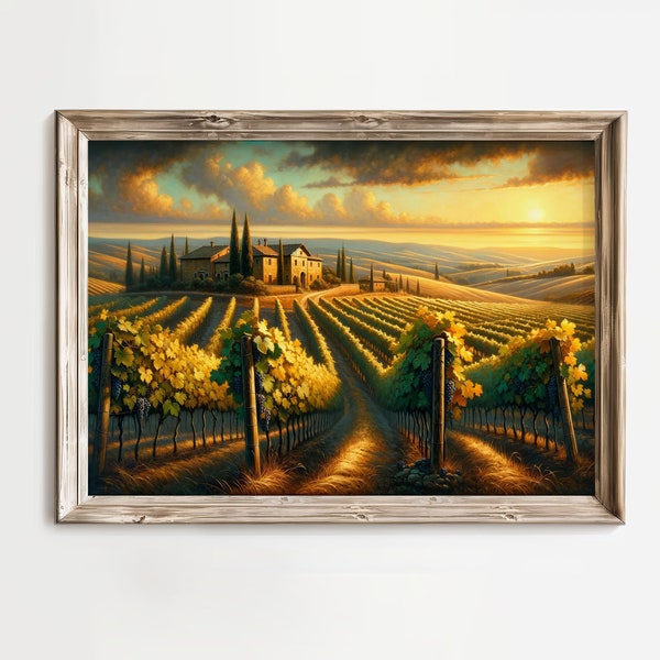 Tuscan Estate Vineyard Canvas, Warm Tuscany Sunset Fields Poster, Italian Countryside Wall Art, Rolling Hills Wine Grapevine Painting Print