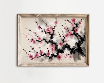 May include: A watercolour painting of a blooming cherry blossom tree with pink flowers and black branches on a beige background. The painting is framed in a light brown wood frame.