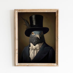 Vintage Pigeon Bird Painting Portrait, Suit Bowtie and Collar wall art canvas print for pigeon bird owner, bird lover and birdy memorial.