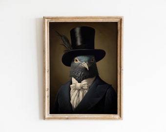 Vintage Pigeon Bird Painting Portrait, Suit Bowtie and Collar wall art canvas print for pigeon bird owner, bird lover and birdy memorial.