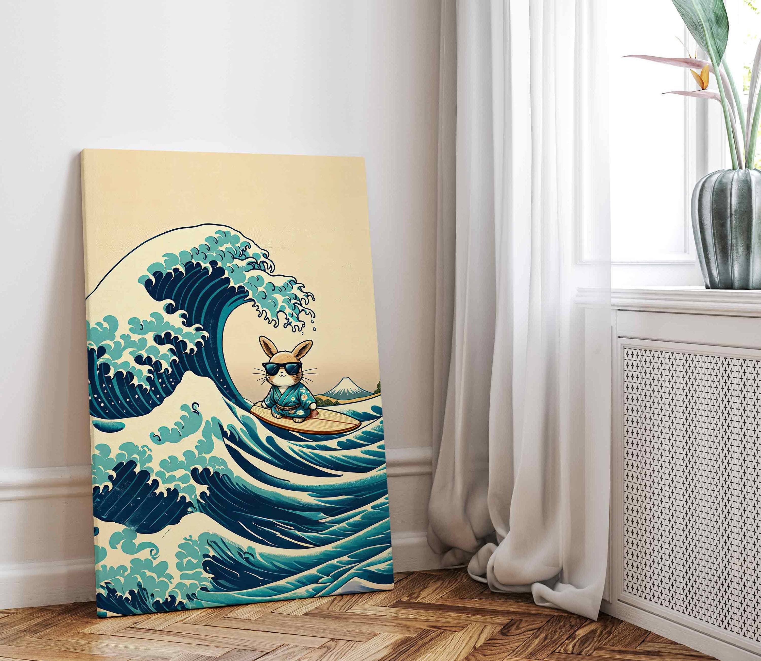 Surfing Bunny Rabbit Japanese Wave Art, Ocean Seascape Print or