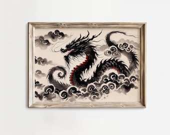 Ink Brush Black Dragon - Majestic Japanese Watercolor Ink Painting Canvas Wall Art, Ink Drawing Asian Inspired Home Office Bedroom Decor
