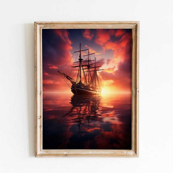 Large Sailboat Pirate Ship, Bright Golden Ocean Sunset Painting Canvas Print Wall Art, Nautical Boat Sea Landscape Seascape Beach Water Sky