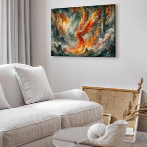 Fiery Phoenix Rising Watercolor Painting - Mythical Bird Magical Fantasy Inspired Canvas Print Wall Art Landscape Home Office Decor image 4