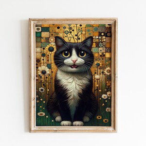 Classy Tuxedo Cat Flower Meadow, Iconic Cat Portrait, Gustav Klimt floral Funny Cute Cat Farm House Wall Art Painting Canvas Poster Print v2